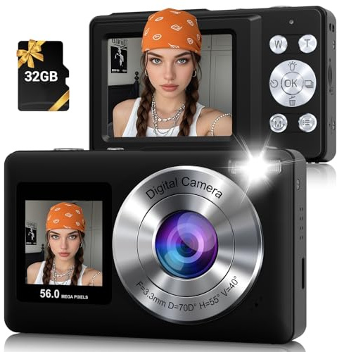 Digital Camera, 56MP 2.7K Dual-Screen Selfie Camera with 16X Zoom, 20 Filters & Anti-Shake, Portable Point and Shoot Digital Cameras with 32GB Card, Compact Travel Cameras for Beginners Teens Kids