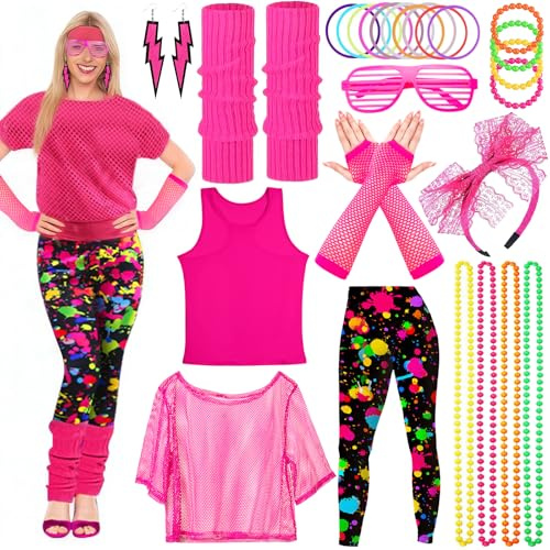 Vautvis 80-tals outfit dam, 80-tals retro festoutfit, kostym dam 80-talet, disco festival outfits, 90-tals kläder med nättröja, leggings, pannband, örhängen (XL)