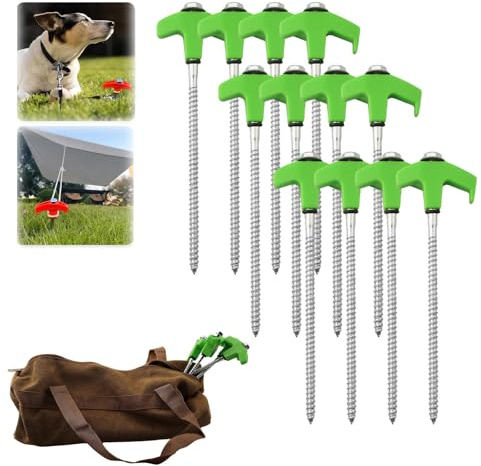 NbgrvB 20,3 cm für robuste Zeltheringe zum Einschrauben – Bodenanker mit Gewinde, Zelte, Vordach, Pavillon, Markise, Planen – 8/16/24 Stück, mit Aufbewahrungstasche, grün 24 + 1