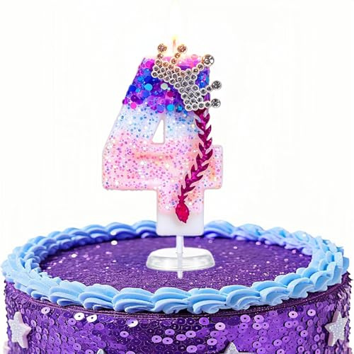 K pop Velas de cumpleaños en forma de número con purpurina para decoración temática de música de dibujos animados, violeta y rosa (número 4)