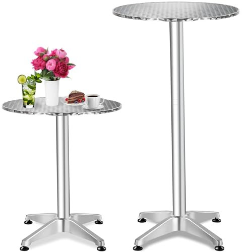 tectake® 2in1 Stehtisch Ø 60cm, Bistrotisch Rund, Bartisch aus Aluminium, höhenverstellbarer Tisch 70cm / 110cm, Partytisch, Gartentisch, Balkontisch, Biertisch, Esstisch rund, Wetterfest - Silber
