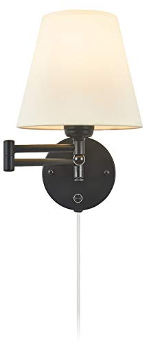 IC INSTANT COACH Swing Arm Wall Lamp Plug in Wall Mount Opaque Ivory Linen Shade 40W 2-Way Cord Covers(1 Light)