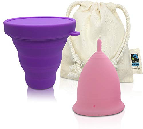 CozyCup Menstruationstasse CLASSIC - Made in Germany - inklusive Sterilisierbecher und Baumwoll-Beutel (Rosa Groß)