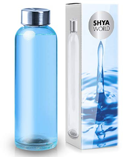 ShyaWorld Bottiglia in vetro per acqua, corpo di finitura trasparente, tappo a vite in acciaio inossidabile. Scatole singole per bottiglia. (Blu, 500 ml (1 pezzi)