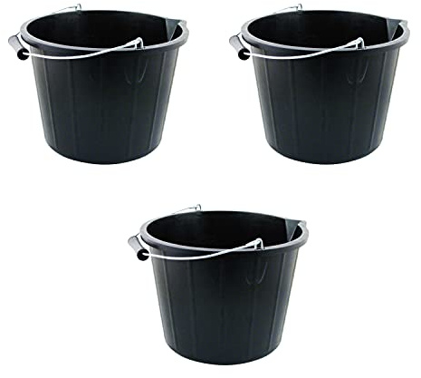 Set Of 3 - Plastic Builders Black Bucket 3 Gallon 14 Litre Water Mixing Storage Strong with Measuring Guide, Handle And Spout.