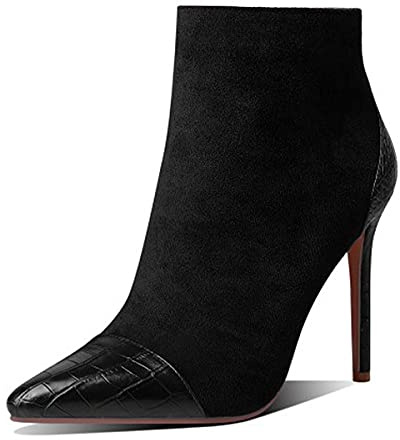 Lutalica W Women's Pointed Cap Toe Two-toned Zip Up Suede Embossed Sexy Stiletto High Heel Ankle Booties Black Size 41