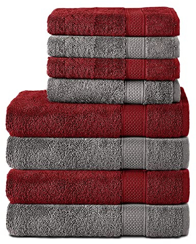 Komfortec Set di 8 asciugamani in 100% cotone, 4 teli da bagno 70 x 140 e 4 asciugamani da 50 x 100 cm, in spugna, morbido, asciugamano grande, grigio antracite e rosso auroraro