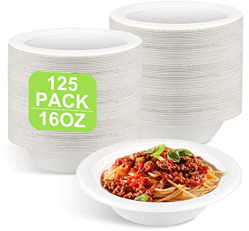 125 Pack Disposable Bowls 16oz White Large Hot Soup Dishes Sugarcane Strong | Strong & sturdy, compostable & biodegradable, for parties BBQs picnics weddings Christmas Tray