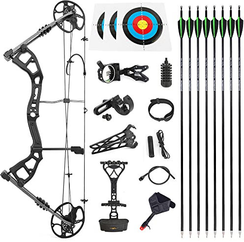 SHARROW Compoundbogenset Jagdbogen 0-70lbs Einstellbar Compound Bogen und Pfeile Set Sportbogen Erwachsene Compound Bögen für Outdoor Bogen Jagd (Schwarz)