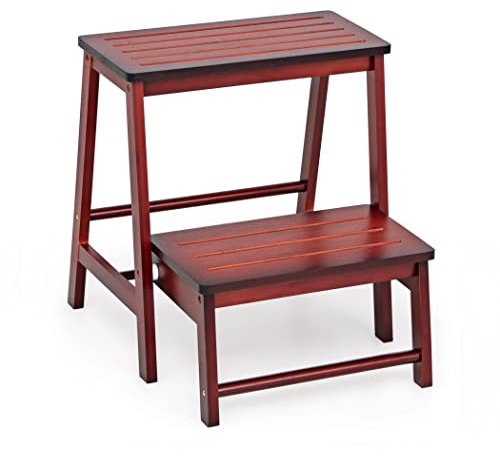 COSTWAY 2 Tier Step Stool, Bamboo Folding Stepladder Foot Stools for Kids and Adults, Multifunctional Household Ladder Display Rack Shoe Bench Up to 100kg (Red)