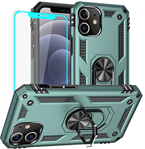 Yiakeng för iPhone 12 fodral/12 Pro fodral: Skärmskydd militärkvalitet skyddsfodral med ring för – iPhone 12 (mörkgrön)