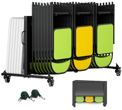 Folding Chair Rack Folding Chair Cart Folding Chair Storage Chair Dolly for Stackable Chairs and Table Hold More Hanging Chairs with Rubber Locking Caster Wheels Dust Trolley Cover Capacity 42 Chairs