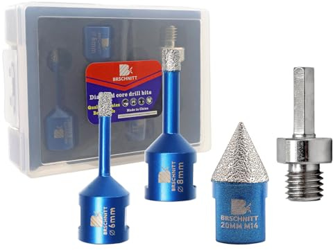 Diamantbohrer Fliesenbohrer Set - 6/8mm Diamantbohrer & 20mm Diamant-Fasenbohrer für Porzellan Fliese Granit Marmor Trockenbohren ein Adapter