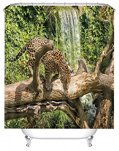 Badewannenvorhang 180X200, Shower Curtain Design Polyester Badegardinen Leopard Braun Grün für Outdoor Hotel