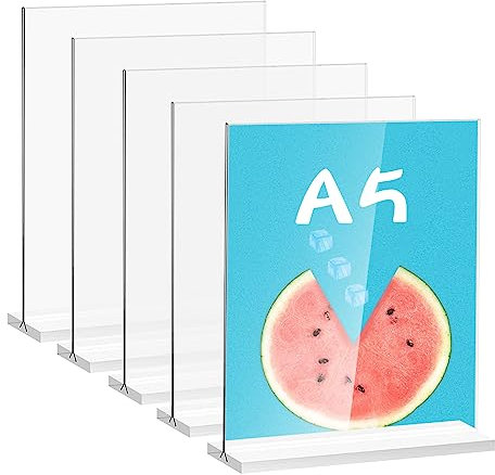 Doafoce 5 Pack Perspex Display Stands A5 Acrylic Sign Holders Plastic Display Stands Table Menu Holders A5 for Counter Restaurant Hotel Office (T-Shape, Double-Side)
