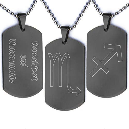 absenda Sternzeichen Dog Tag | Anhänger aus Edelstahl | Schwarz Silber Gold | Geburtstag Horoskop | Army Militär Erkennungsmarke | Beidseitige Wunschgravur | Halskette Edelstahl Kugelkette Schwarz