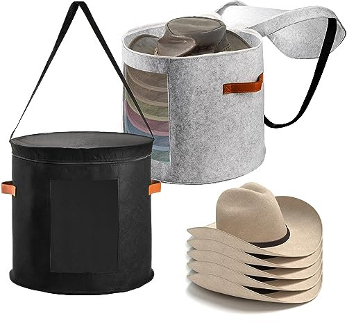 SOUJOY 2-pack hatt förvaringsbox, 48 cm D x 43 cm H vikbar filt leksak förvaringsbox med lock, stor rund resehatt hink, klädförvaringsfack för män kvinnor hatt fyllda djur leksak
