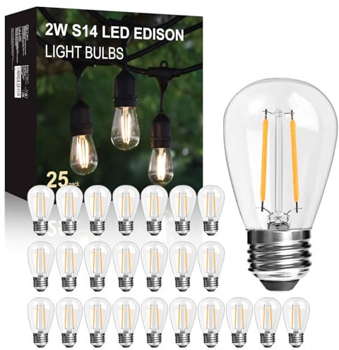 LangPlus+ 25er Pack 2W S14 LED Glasglühbirnen, E27 Sockel, 2700K warmweiße LED Edison Glühbirnen für Lichterketten im Freien, nicht dimmbar, 2W entspricht einer 20W Glühlampe