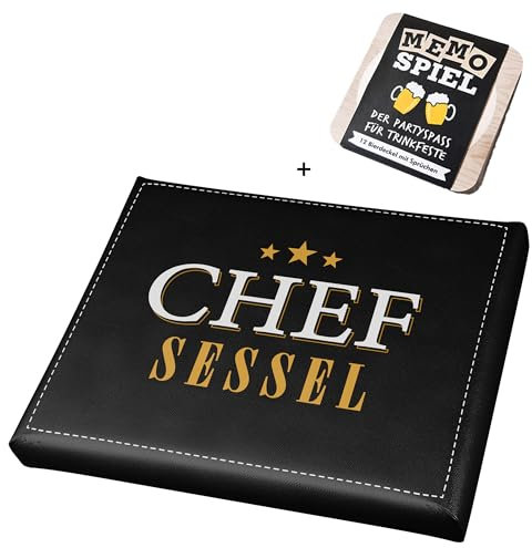 CULT at home Bierkasten Aufsatz Chefsessel - Bierkastensitz inkl. Bierdeckel Memospiel - Sitzauflage für Bierkiste Getränkekiste - Hocker für Balkon u. Camping