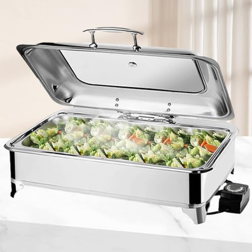 BOVDC Elektrische Chafing Dish Glasdeckel, 9L Edelstahl(A,Full Pan) | Speisewärmer Buffetwärmer Einstellbare Temperatur, Warmhaltebehälter Essen Elektrisch mit Soft-Close-Glasdeckel