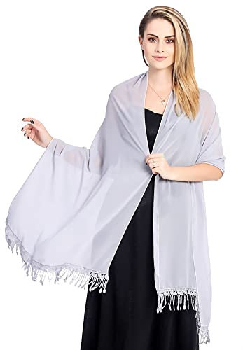 Blausky 1 Stück Chiffon Tücher,Festliche Stola,Stola mit Quastenspitze,Lang Schal,Sommer Schals,Braut Schultertuch,Übergroßer Damen Stola,Wraps für Abendkleider,Hochzeit Halstuch,70 x 210cm,Silber