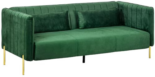 HOMCOM 3 Sitzer Sofa Gästesofa mit 2 Sitzkissen, dreier Couch mit Armlehne, gepolstert Polstersofa mit Samt-Optik, für Wohnzimmer, Schlafzimmer, 200 x 88 x 76 cm, Grün