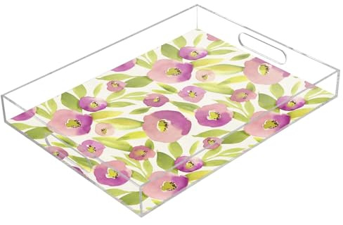 Plateau de service rectangulaire en acrylique transparent avec poignées - Motif fleur violette - 40,6 x 30,5 cm