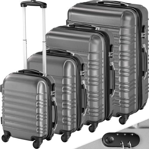 tectake® 4 TLG Reisekoffer Set, TSA Schloss, Hartschalenkoffer Set, Trolley Kofferset, ABS Hartschalen Reisekofferset, Trolley, Gepäck, 4 Rollen, 360 Grad drehbar, Teleskopgriff - grau
