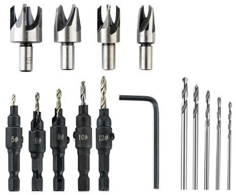 15 PCS Countersink Drill Bit Set, Woodworking Chamfered Set,1/4 Inch Hex Shank,HSS Twist Drill Dits,Wood Plug Cutter, Punch Tool for Wood Drilling,Plastic,Soft Metal