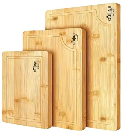 QUIZINE Juego de 3 Tablas de Picar de Bambú Premium - Resistentes, Antideslizantes y Ecológicas, Ideales para Cortar Carnes, Verduras y Frutas, Diseño Elegante para Usar También como Bandeja de Servir