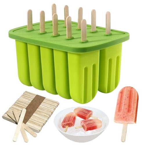 Ice Lolly Moulds,10 Cavity Popsicle Mould with 50pcs Wooden Sticks, Silicone Ice Pop Molds BPA Free Ice Cream Moulds＆Kids Summer DIY Home Kitchen Tools (Green)