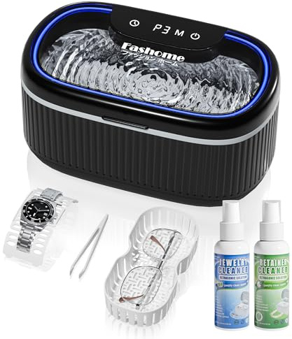 Ultrasonic Cleaner with 2 Pack 100ML Ultrasonic Cleaner Solution With a view window - 45000Hz 19.355 UK fl oz w/Lights, 3 Power 5 Cleaning & Degas Modes, for Rings, Glasses, Dentures, Watches
