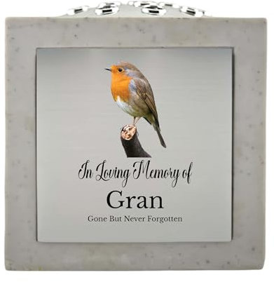 In Loving Memory Of Memorial Rose Bowl Grave Marker Flower Pot Vase With Robin Design Mum Dad Grandad & Lots More White/Silver (UV PRINTED) (Gran)