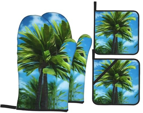 Mitaines De Four Imprimé Palmier D'Été Antidérapant Gauntlet Professionnel Maniques Cuisine pour Femmes Cuisson Four,4 Pièces
