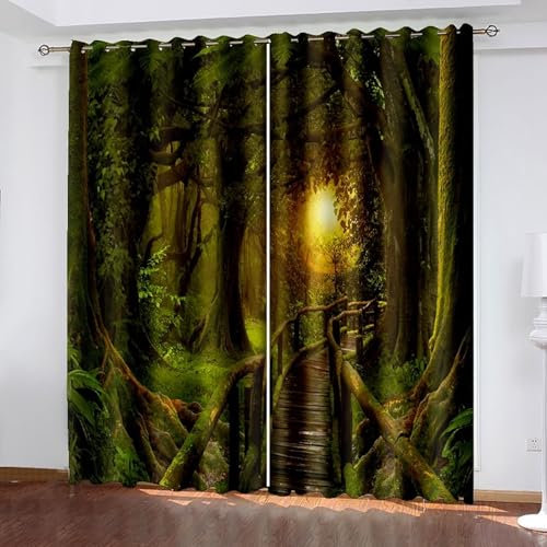 Lirzxin Vorhänge Blickdicht 138 cm Lang, Gardinen Verdunkelnd mit Ösen 2er Set Grün Braun Dschungel und Pfad Wald Landschaft Vorhang für Wohnzimmer Schlafzimmer Kinderzimmer, 107x138 cm(BxH)