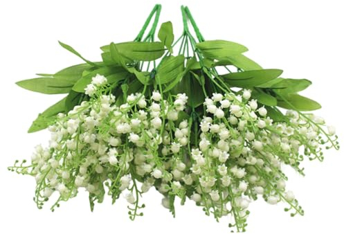 Lily of the Valley konstgjorda blommor 4 st verklighetstrogen vit lilja i dalen med 7 grenar, 7 löv och 21 huvuden långvarig plast falska blommor för bröllop, arrangemang