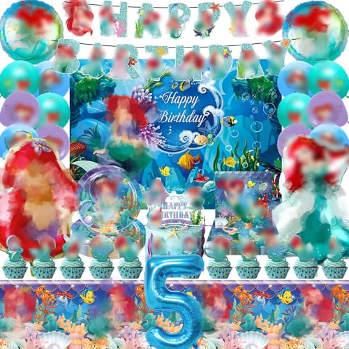 Meerjungfrau Geburtstag Deko 5 Jahre, 81 Stück Meerjungfrau Partygeschirr Set, Jungen Mädchen Kinder Geburtstag Dekorationen Set mit Luftballons Tischdecken Tassen Banner Cake Topper