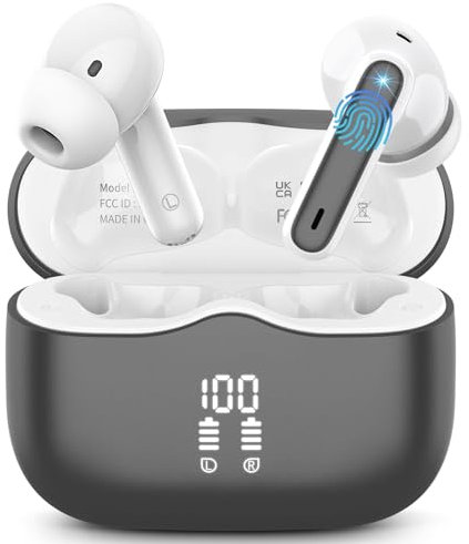 Wireless Earbuds, Bluetooth 5.3 Headphones in Ear with HiFi Stereo Deep Bass, 4 ENC Noise Cancelling Mic Wireless Earphones 40H Playtime, Bluetooth Earbuds Dual LED Display, IP7 Waterproof, Grey