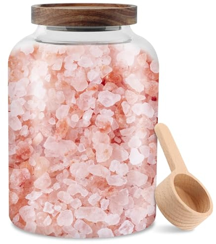Zenquark Pot à sel de bain en verre de 2 097,9 g, récipient à sel de bain avec couvercle et pelle en bois, organiseurs de salle de bain, accessoires de baignoire de rangement hermétique pour femme