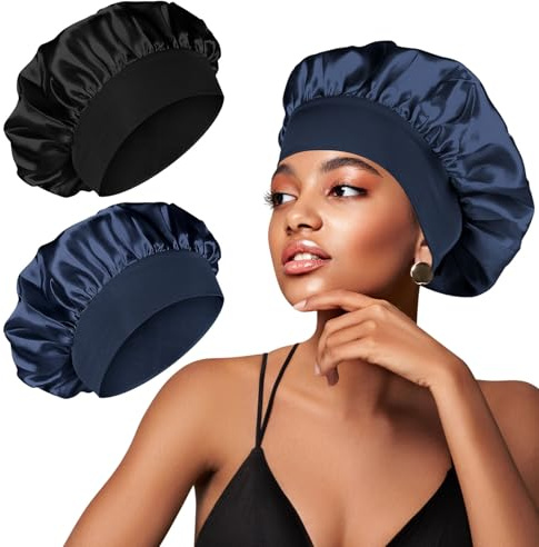 Amzpas 2 Stück Schlafmütze Satin Bonnet Damen Mädchen Motorhauben Nacht Haarpflege Schutz Kopfhaube für Locken Lange Haaren Glatt Atmungsaktiv(Schwarz/Blau)
