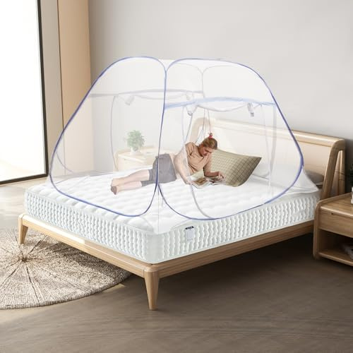 Xigner Moskitonetz Bett Faltbares Mückennetz Tragbares Reise-Moskitonetz Doppelbett, 200x180cm Feinste Löcher, Doppeltür Insektenschutz, Einfache Anbringung für Schlafzimmer Camping