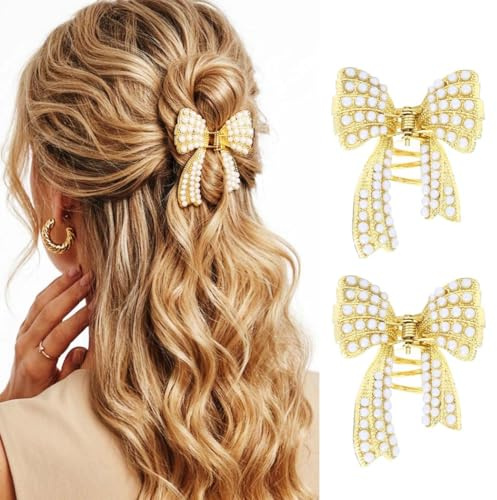 Reaky Haarklammer mit Schleife, goldfarben, Metall, Perlen, Haarklammern, Haarschmuck für Damen