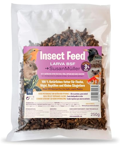Susan Müller Larve de Mouche Soldat Noire déshydratées - Protéine Naturelle pour Reptiles, Oiseaux et Poissons, Haute densité nutritionnelle, sans additifs, Emballage Recyclable - Sachet de 250 g