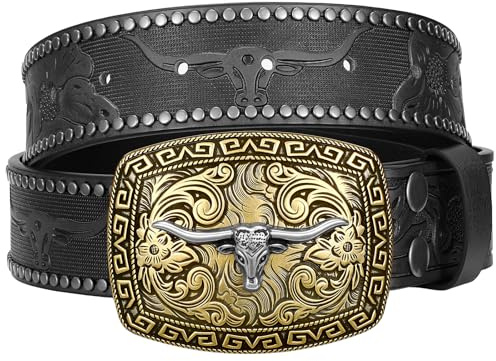 SUOSDEY Western cowboy bälten för män kvinnor cowgirl land blommigt graverat läderbälten med långhorn tjur Texas spänne 3,8 cm bredd, 02-Svart, Fit waist 40-43