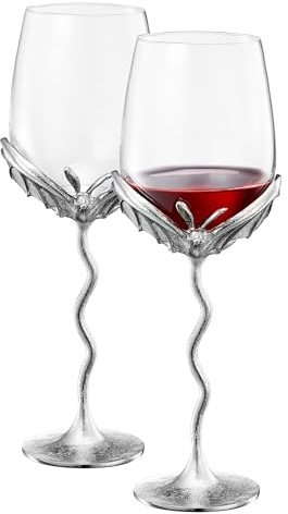 Silver Bat Wine Glasses Set of 2 Gothic Goblet Pair with Alloy Steel Stems and Borosilicate Glass Unique Barware Decorative Halloween or Vampire Glassware for Wine Party Dining Table or Holiday Gift