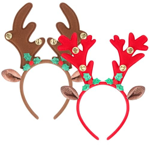 TAXTYHRE 2 Pièces Bandeaux de Noël, Serre Tête Noël Renne, avec Oreille Clochette, Décoration de Fête de Noel, Accessoire de cheveux pour Noel Halloween Cosplay Festival