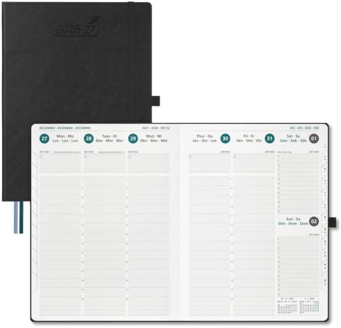 BEZEND Kalender 2026 2027 Buchkalender 1 Woche 2 Seiten A4 (28,5 x 22 cm) | 18 Monate Kalender (Jul 26 - Dez 27), PU-Leder Hardcover, 80 GSM Papier, Schwarz