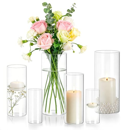 QEEYON Set of 6 Glass Cylinder Vase, Heat Resistant Hurricane Candle Holder | for Table Decor, Clear Glass Vases for Flowers Tea Light Votive Pillar Floating Candles Table Centrepiece for Wedding, Home