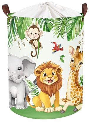 Clastyle Waldtier Aufbewahrungskorb Blatt Kleidung Wäschekorb Bad Aufbewahrungsbox für Eltern Organize Spielzeug Buch, Elefant Löwe Giraffe, 36x45 cm | 45 l Aufbewahrungskorb für Spielzeug, Kleidung, platzsparend, faltbar, Aufbewahrungsbox mit Deckel