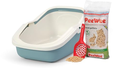PeeWee EcoMinor Cat Litter Tray Open Bowl Cat Toilet Including 3 kg Litter Wood Pellets Pellets Colour: Pigeon Blue/Cream
